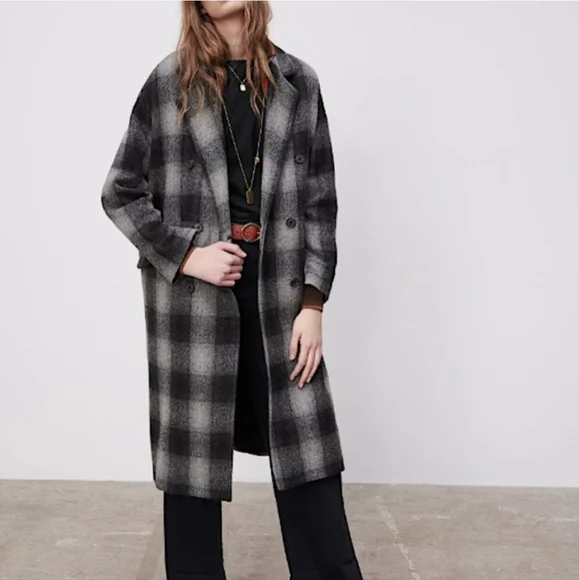 ZARA × Manteco 100% Wool Menswear Grey Black Plaid Long Coat. M NWT Blogger FAVE - Picture 3 of 15
